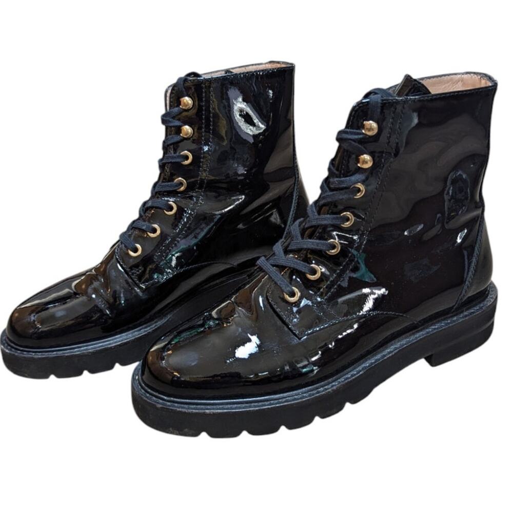 Stuart Weitzman Mila Black Patent Combat Boots Size 6.5